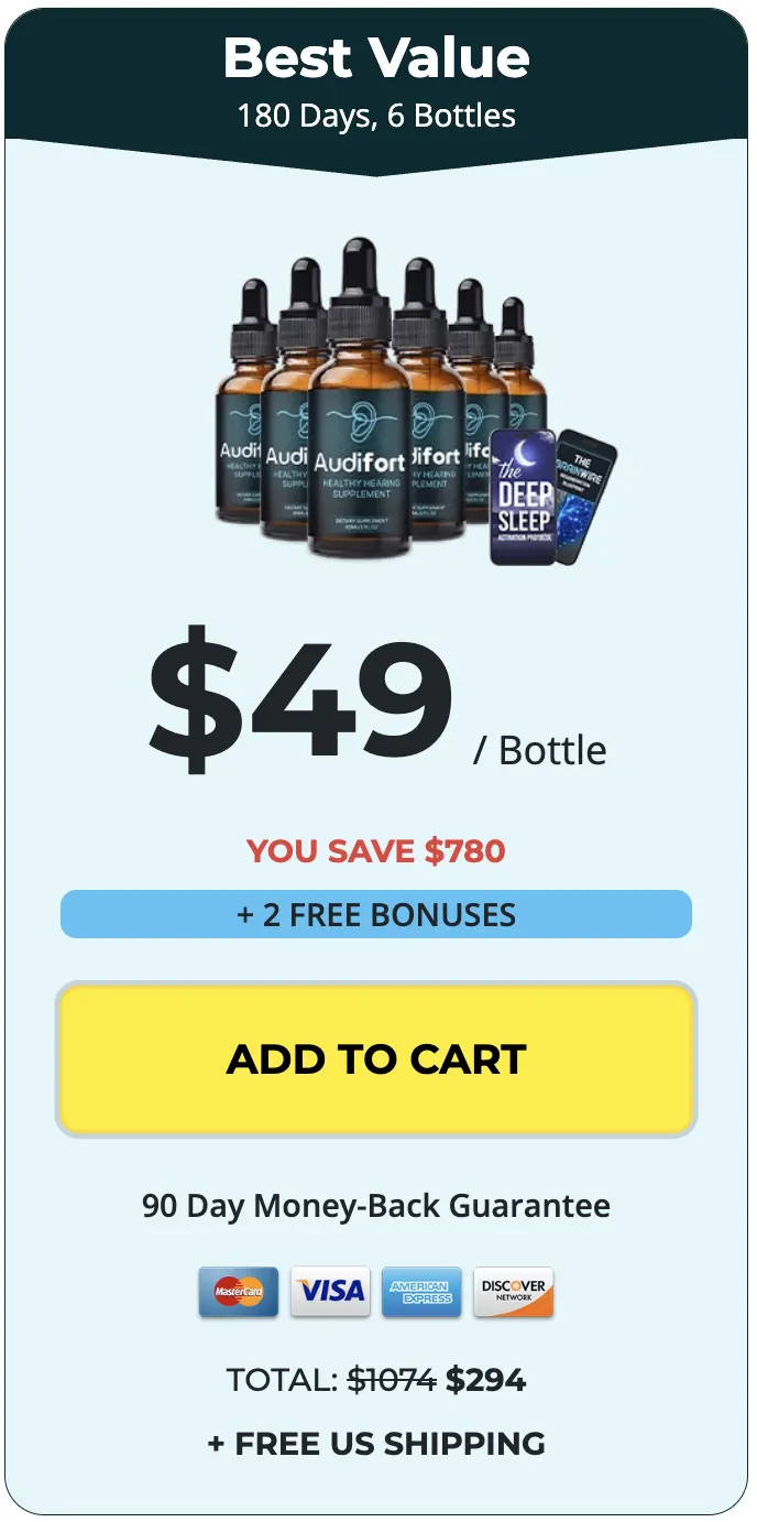 Audifort best value 6 bottles 49 dollars per bottle total 294 free shipping bonuses